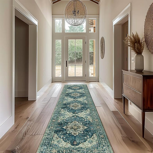 Area Rugs 2'x10' Washable Non-Slip, Floral Vintage Distress Print Pattern Medallion Carpet for Living Room Bedroom Dining Room, Dark Blue Vintage