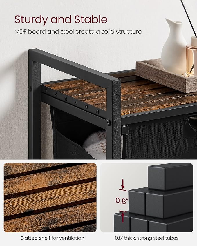 VASAGLE Laundry Hamper, Laundry Basket, Laundry Sorter with A Pull-Out and Removable Bag, Shelf, Metal Frame, 17.2 Gallons (65 L), 19.7 x 13 x 28.4 Inches, Black and Rustic Brown UBLH101B01