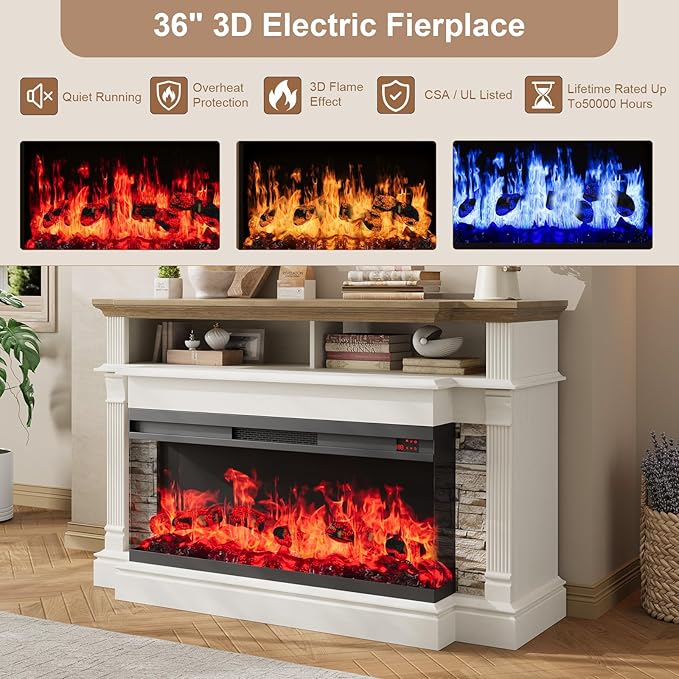 QUW Fireplace TV Stand for TVs up to 65", Farmhouse 52" Fireplace Entertainment Center with 36" 3-Side Glass Electric Fireplace, TV Console with Open Storage Shelves for Living Room, Antique White