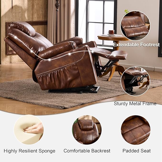 SALOHZA Power Lift Recliner Chair for Elderly with Massage and Heat for Living Room, Electric Recliner Chair for Adults with USB/Type C Port/Cup Holders, PU Faux Leather, Light Brown