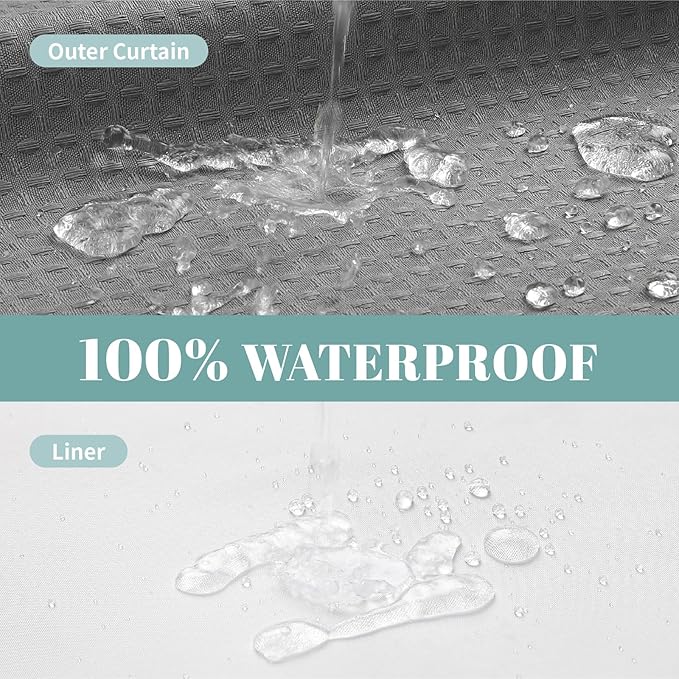 Grey Long No Hook Waffle Weave Shower Curtain with snap-in Liner Replacement, 230GSM Waterproof Fabric Hotel Shower Curtain Set for Bathroom, Through Mesh Top Window,71Wx80H