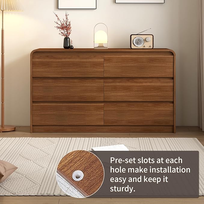 Modern 6 Drawer Dresser, 55-Inch Wood Chest of Drawers, Curved Anti-Collision Design, Mid-Century Storage Cabinet, Pre-Embedded Slots, Natural Texture, for Bedroom, TV Stand (W-55IN)