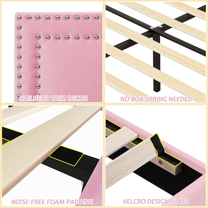 VECELO Queen Size Bed Frame with Adjustable Upholstered Headboard, Wooden Slats Platform, Noise-Free Design, No Box Spring Needed, Easy Assembly
