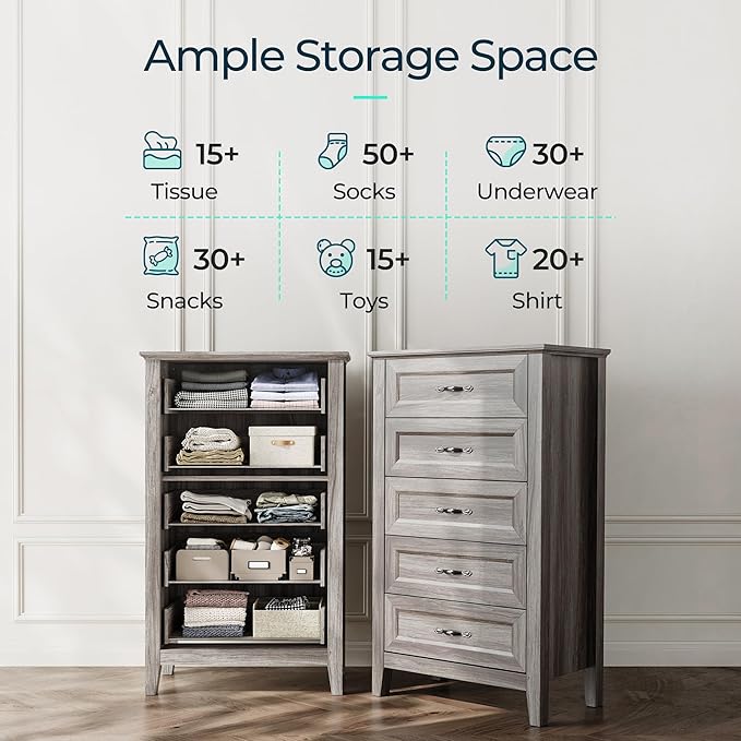 LINSY HOME Farmhouse 5-Drawer Dresser - Grey Chest of Drawers for Bedroom and Living Room Organization, Wood Dresser with Ample Storage Space and Rustic Charm