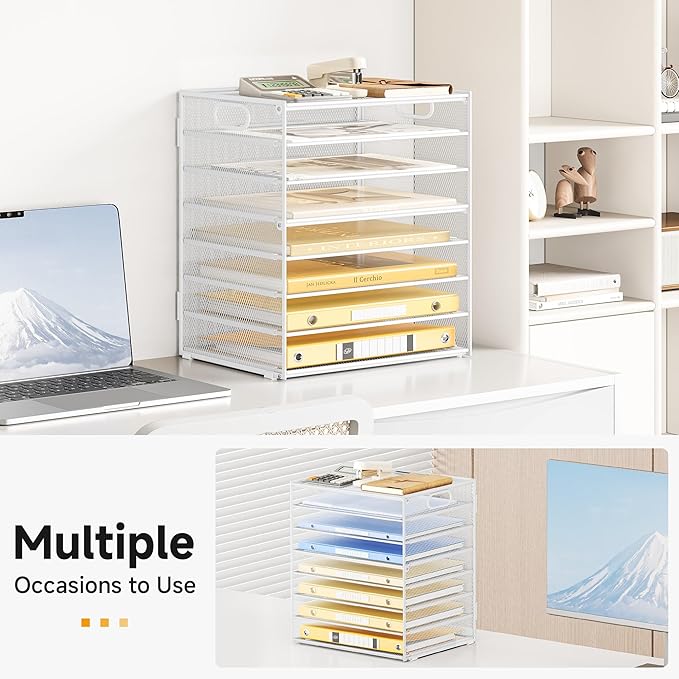Lavatino 8-Tier Letter Tray Desk Paper Organizer, Mesh File Tray Organizer for Desk, Office Supplies & Home Organization, Fits A4 Paper, Mail, Magazines and Office Accessories (White with Handle)