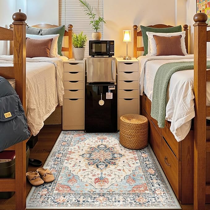 Area Rugs 5'x7' Washable Non-Slip, Floral Vintage Distress Print Pattern Medallion Carpet for Living Room Bedroom Dining Room, Beige Navy Blue Orange Colorful