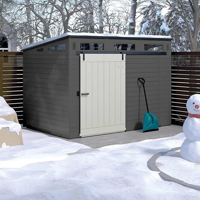 Suncast Modernist 10 Foot by 7 Foot Outdoor Plastic Storage Shed with Pad Lockable Sliding Barn Door for Outdoor Storage Items, Gray and Black
