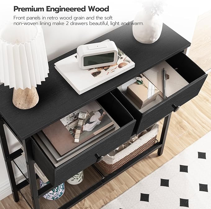 HOOBRO 29.5" Narrow Console Table with 2 Fabric Drawers, Sofa Table, Small Entryway Table with 3-Tier Storage Shelves, Behind Couch Table, for Living Room, Hallway, Black BB72XG01
