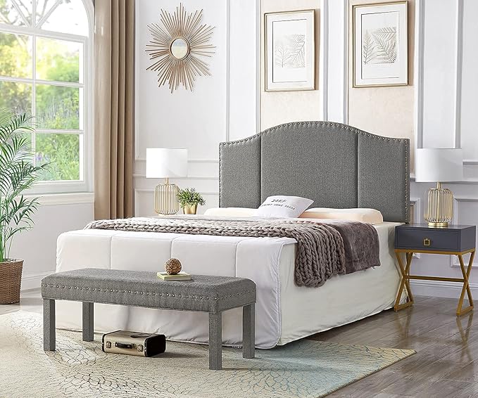 24KF Middle Century Linen Upholstered Tufted Queen Size Headboard with Antique Brass Nail Heads Trim Queen/Full headboard-Granite