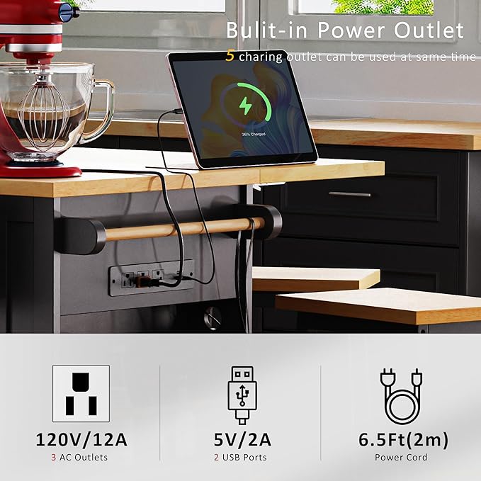 Large Kitchen Island Cart on 5 Wheels with 2 Bar Stools, Power Outlet, Drop Leaf, 3 Drawers, Kitchen Storage Cart with 5 Open Side Racks for Kitchen, Dining Room, Home Bar Black
