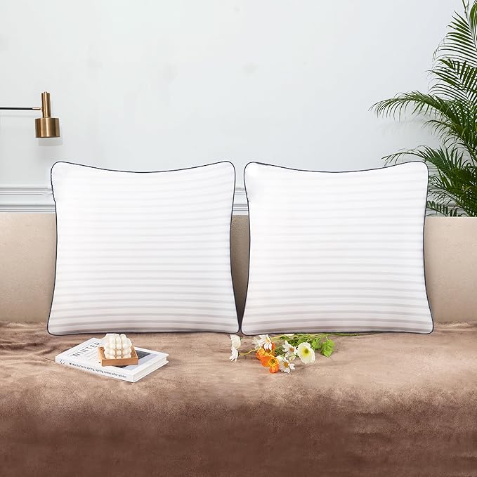 Pillows Insert 16'' x 16'' Set of 2, Decorative Throw Pillows with Luxury Silky Covers for Indoor Couch, Sofa or Bed Decors, White Striped Cushion Sham Stuffer