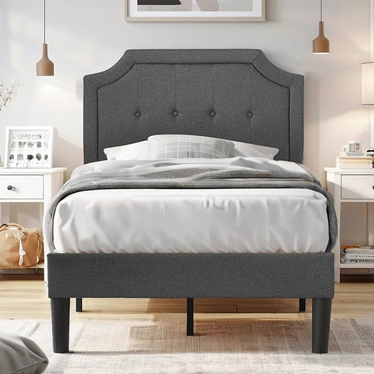 VECELO Twin Size Platform Bed Frame with Fabric Upholstered Headboard and Wooden Slats Support, No Box Spring Needed/Easy Assembly,Grey