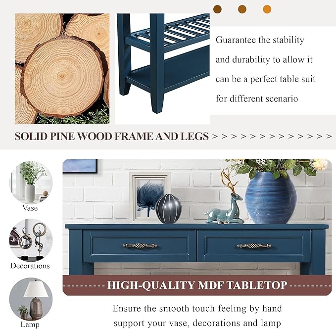 42inch Mid-Century Wood Console Table with 2 Drawers and 2 Bottom Shelf Sofa Table Solid Wood Sideboard(Navy Blue)