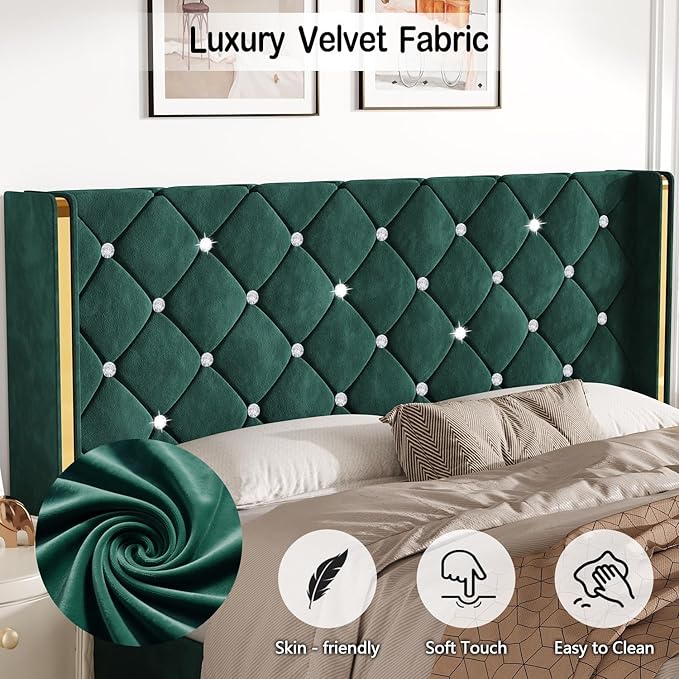 HOMBCK Queen Size Bed Frame, Velvet Upholstered Bed Frame with Wingback and Diamond Headboard, Wood Slat Support, No Box Spring Needed, Easy Assembly, Green