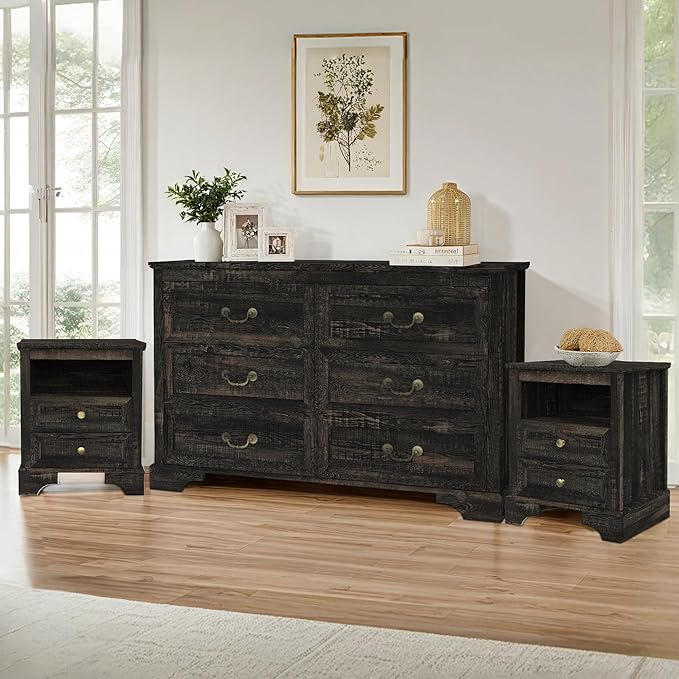 Farmhouse Bedroom Set, 3 Pieces Bedroom Furniture Set, Rustic Wood 6 Drawer Dresser and Nightstands, Chest of Drawers Wide Storage Organizer Cabinet for Bedroom