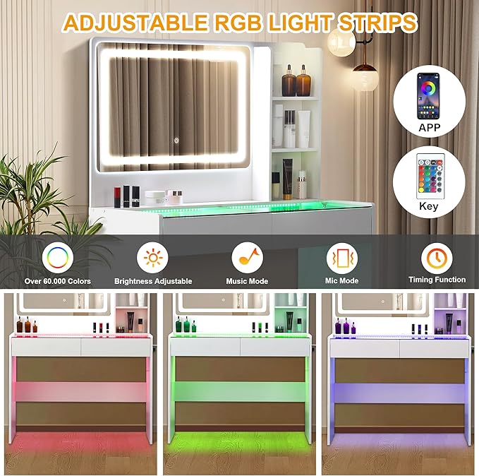 Vanity Desk，Transparent Desktop, Multiple Color Ambient Lights, with Mirror and Tri Color Light Strip, Dressing Table with Charging Station, Equipped with 2 Drawers, White