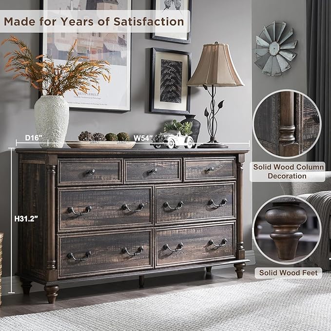 T4TREAM Farmhouse 7 Drawers Dresser Chests for Bedroom w/4 Solid Wood Feet & Column Design, Tall Wide Wooden Rustic Chest of Drawers, Storage Dressers for Bedroom, Living Room, Dark Rustic Oak