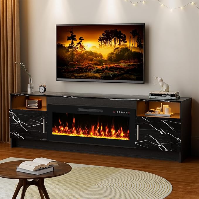 70'' TV Stand with Fireplace-Marble Black Entertainment Center for 75+ inch TV- TV Cabinet with LED Light, Storage, High Glossy Door, Modern TV Console for Living Room