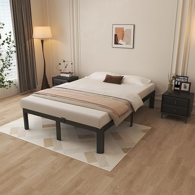 12 Inch Queen Bed Frame with Metal Gaskets, Black Bed Frame Queen Size No Box Spring Need, Heavy Duty Steel Platform Support to 3500LBS, Round Corner Design, Reserved Holes, Noiseless