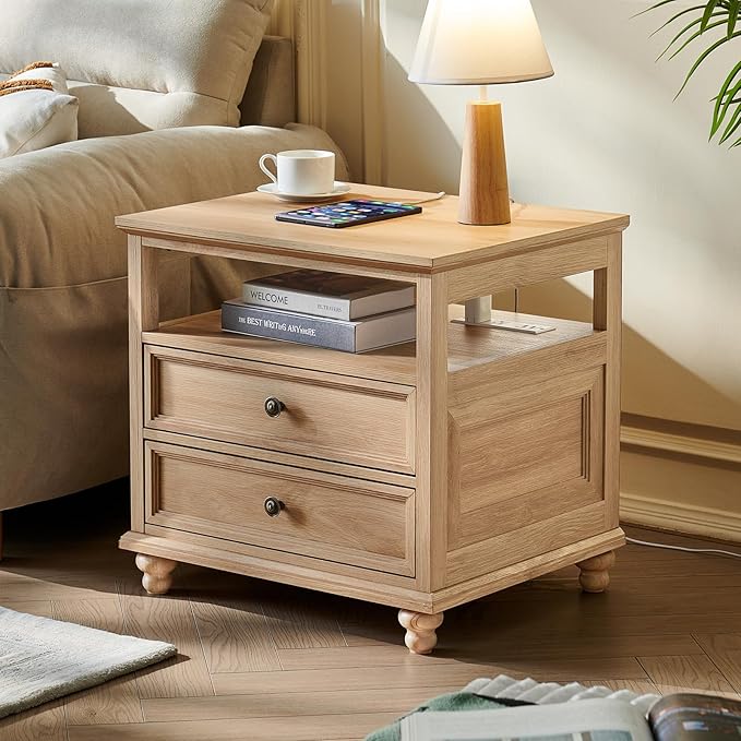 Farmhouse Nightstand Set of 2 with Charging Station, 24" Wide End Table with 2 Drawers,Natural Dresser for Bedroom,Bed Side Table Chest of Drawers Cabinet, Night Stand for Living Room