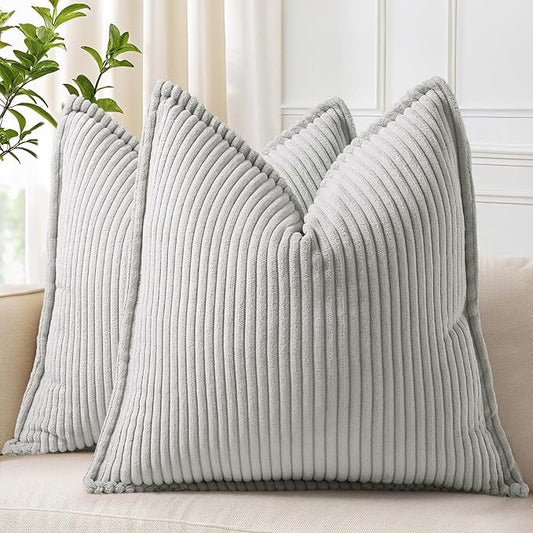 decorUhome Corduroy Grey Throw Pillow Covers 22x22 Set of 2 Decorative Soft Boho Striped Neutral Euro Farmhouse Couch Pillow Covers with Broadside for Living Room Bed Sofa