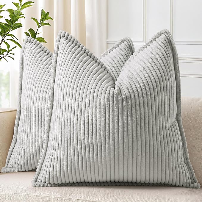 decorUhome Corduroy Grey Throw Pillow Covers 16x16 Set of 2 Decorative Soft Boho Striped Neutral Euro Farmhouse Couch Pillow Covers with Broadside for Living Room Bed Sofa