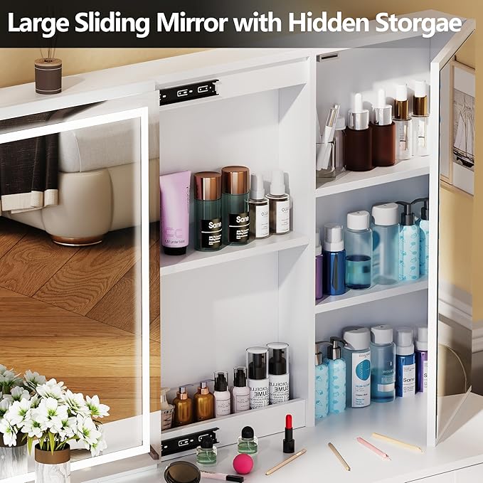 Vanity Desk with Lighted Mirror, Charging Station and Hairdryer Holder, Glass Top Makeup Vanity with Adjustable LED Lights, White Vanity Table with Sliding Mirror & Hidden Storage (No Stool)