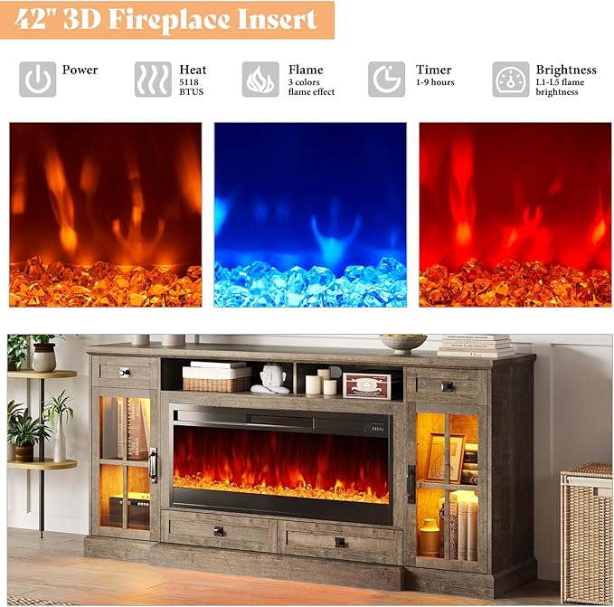 AMERLIFE 70” Fireplace TV Stand for 80 Inch TV, Farmhouse TV Stand with 42" Fireplace & LED Lights, Entertainment Center with Storage Drawers & Cabinets, Light Oak