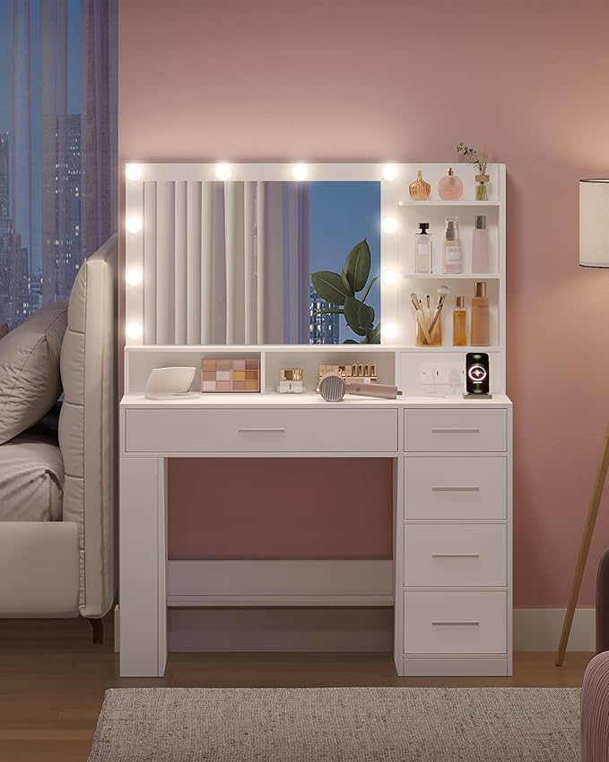 Vanity Desk with Large HD Mirror, Makeup Vanity with Led Lights, Dressing Table with Power Strip, 6 Storage Shelves, 5 Drawers and Side Open Storage, Simple, White