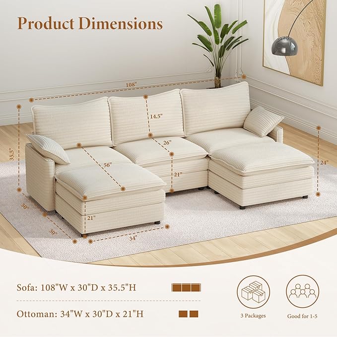 Vesgantti 108" U Shaped Sectional Couch, Comfy Cloud Modular Sectional Sofa with 2 Ottoman Deep Seat Corduroy Modern Cloud Sofa, Modular Sofas for Living Room, Bedroom and Apartment, Beige