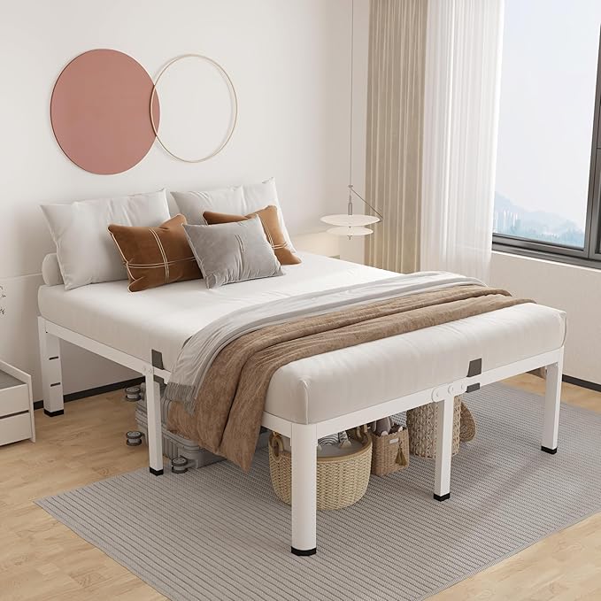 ROIL 14 Inch White King Bed Frame with Rounded Corner and Headboard Hole Mattress Retainers 3500LBS Heavy Duty Steel Slats No Box Spring Needed Platform Noise-Free Easy Assembly