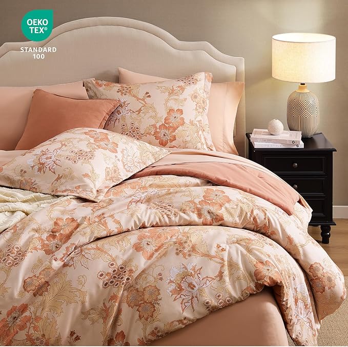 Queen Comforter Set -7 Pieces Terrecotta Floral Comforter Set for All Seasons, Bed in a Bag Queen with Botanical Flowers Comforter, Sheets, Pillowcases & Shams