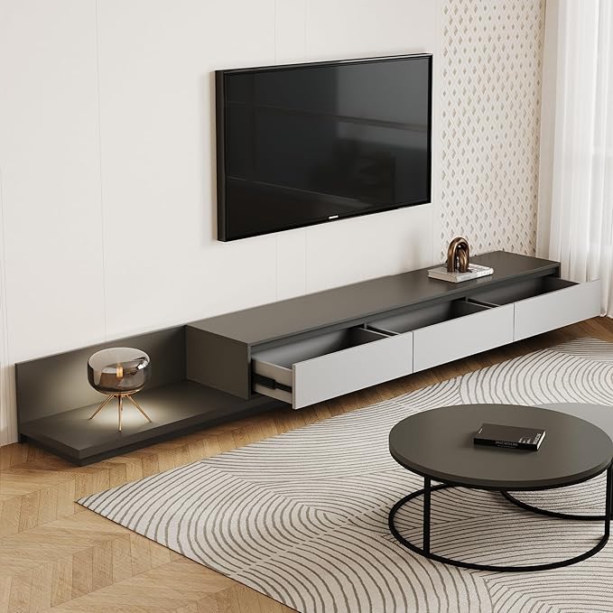 Mid-Century Modern Expandable TV Stand with 3 Drawers – Adjustable Entertainment Center for Living Room & Bedroom (79" to 130"), Stylish Gray Media Console