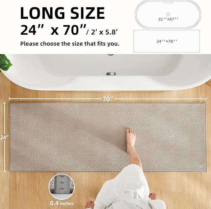Bathroom Runner Rugs, Long Bath Mat Runner Washable Thin Quick Dry Low Pile Bathroom Runner Rugs Non Slip, Beige 24"x70"