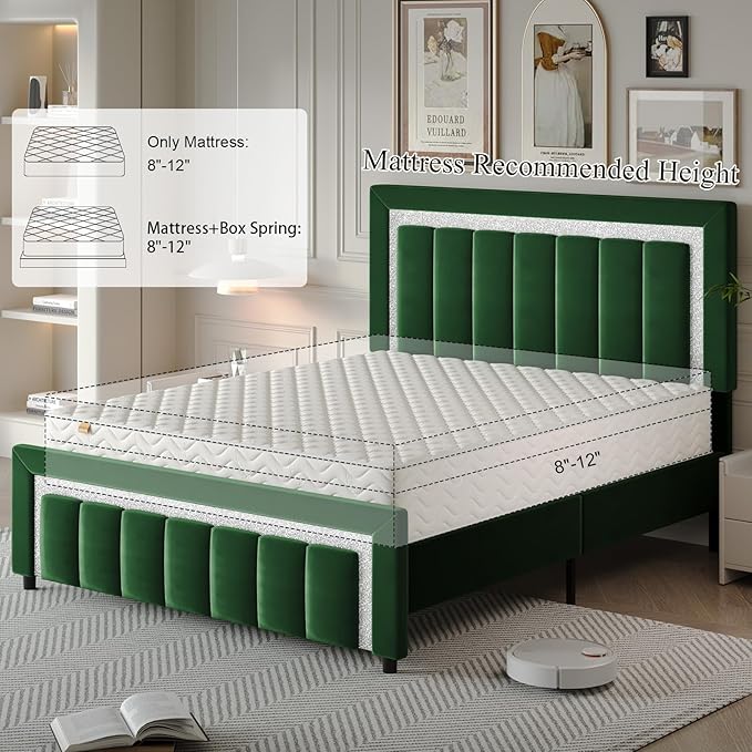 HOMBCK Full Bed Frame with Diamond Headboard and Footboard, Velvet Upholstered Bed with Wooden Slats Support, No Box Spring Needed, Easy Assembly, Green