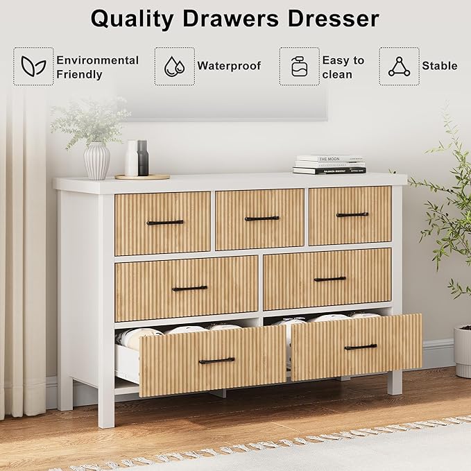 Fluted 7 Drawers Dresser for Bedroom, Modern Chest of Drawers with Metal Handle, Wood Dresser TV Stand, Wooden Closet Clothes Storage Organizer for Living Room, Hallway (White & Wood)