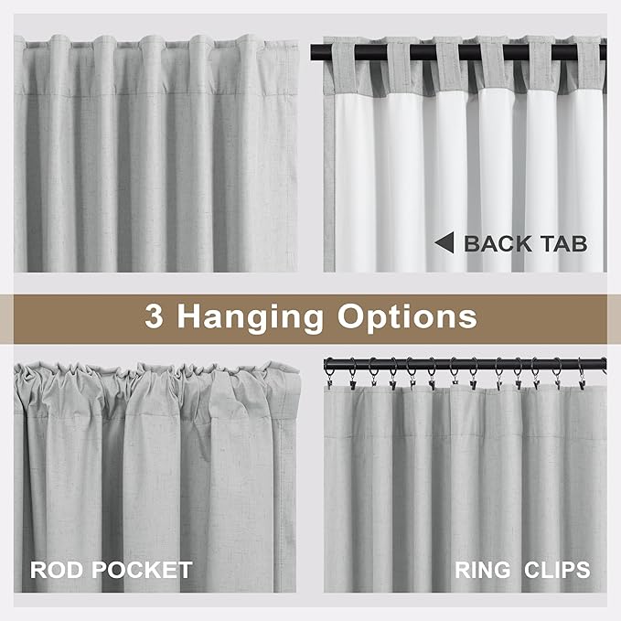 Light Gray Linen Blackout Curtains White Backing 102 Inch Long 2 Panel Sliding Glass Door Solid Grey Light Blocking Thermal Curtain for Summer Heat Energy Saving Weather Drapes for Bedroom Living Room
