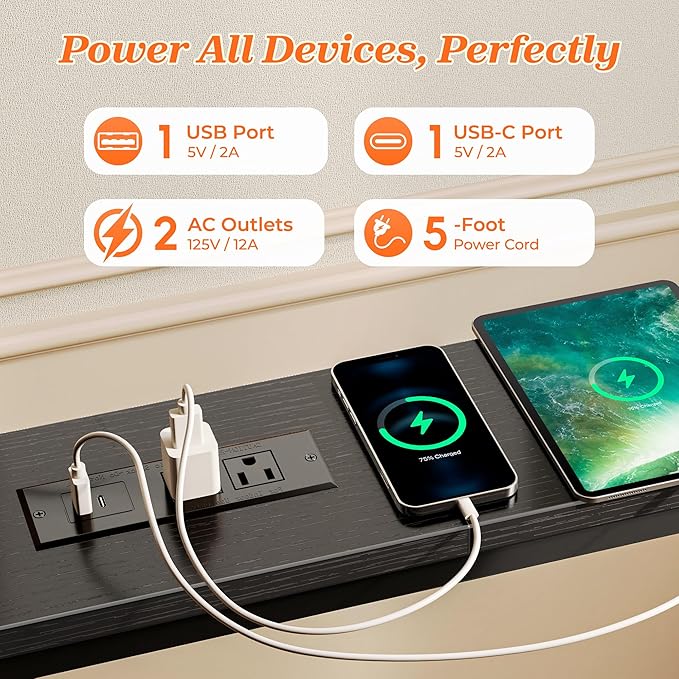 SUPERJARE 102 Inch Sofa Table with 2 Power Outlets and USB-C Ports, 5.9 Inch Narrow Console Table with Storage, Extra-Long Entryway Hallway Couch Table Behind Sofa, Small Spaces, Living Room, Black