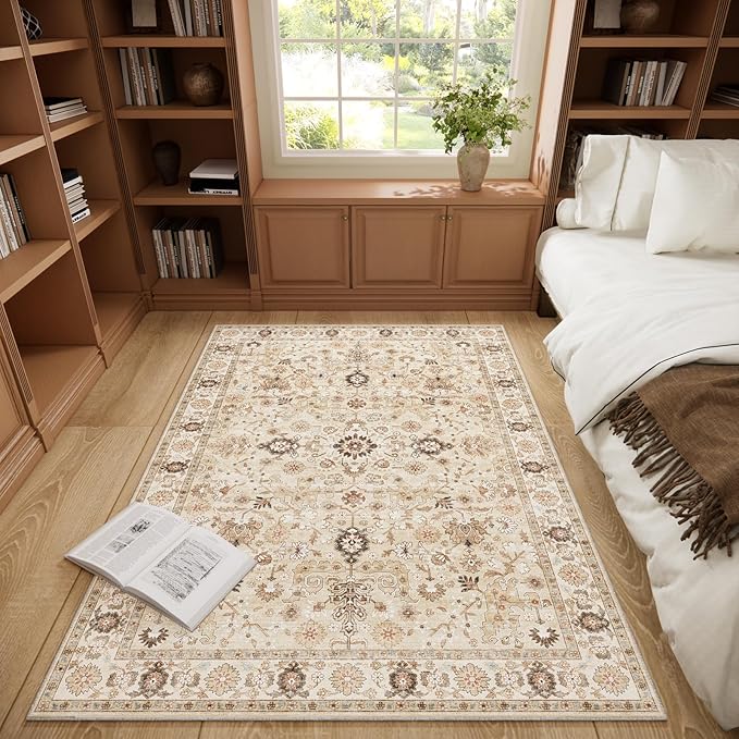 Washable Area Rugs 5'x7' Non-Slip Vintage Boho Distressed Fade Resistant Low Pile Carpet for High-Traffic Living Room, Bedroom & Dining Room