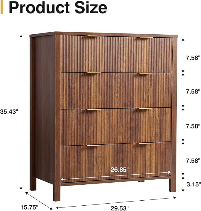4 Drawer Dressers for Bedroom, Modern Closet Chest of Drawers with Waveform Fluted Panel, Large Wood Storage Dresser Organizer for Nursery Bedroom Living Room Hallway Closet, Walnut