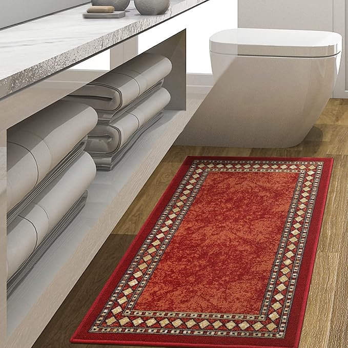 Antep Rugs Alfombras Modern Bordered 2x4 Non-Skid (Non-Slip) Low Profile Pile Rubber Backing Kitchen Area Rugs (Maroon Beige, 2'3" x 4')