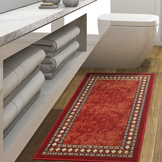 Antep Rugs Alfombras Modern Bordered 2x4 Non-Skid (Non-Slip) Low Profile Pile Rubber Backing Kitchen Area Rugs (Maroon Beige, 2'3" x 4')