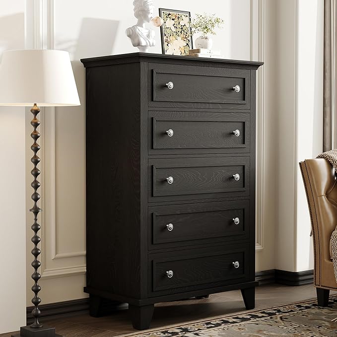 GarveeHome Black Dresser for Bedroom, 48" Tall Dresser with 5 Drawers, Chest of Drawers with Storage, Vintage Wood Dressers for Closet, Living Room, Hallway