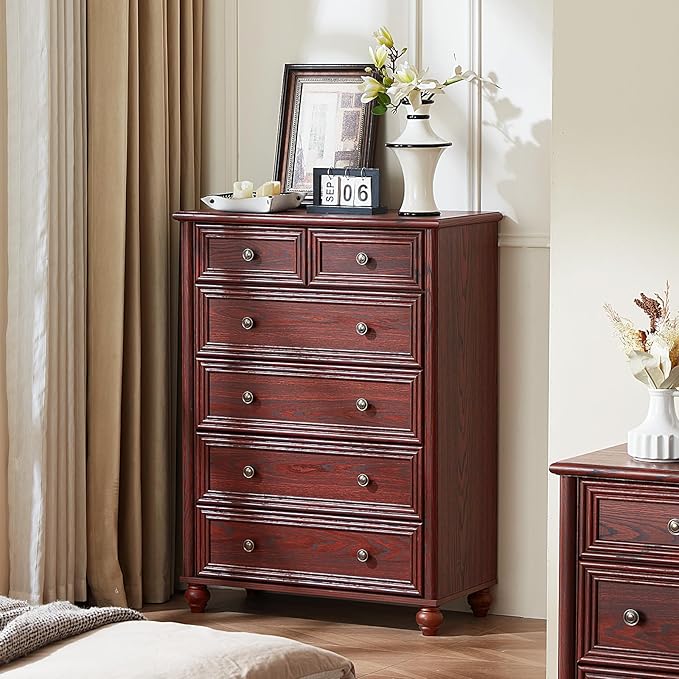 Farmhouse 6 Drawer Dresser Set of 2, Red Oak Chest of Drawers, 43.5" Tall Dressers for Bedroom with Roman Column and Metal Handles, Rustic Wood Storage Organizer for Living Room, Hallway, Closet