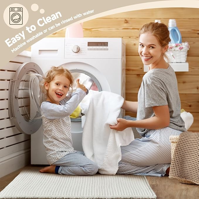 Cream White Bathroom Rugs, Waffle Bath Mat Non Slip Washable Super Absorbent Quick Dry Boho Farmhouse Bathroom Decor, 48"x24" Cream White