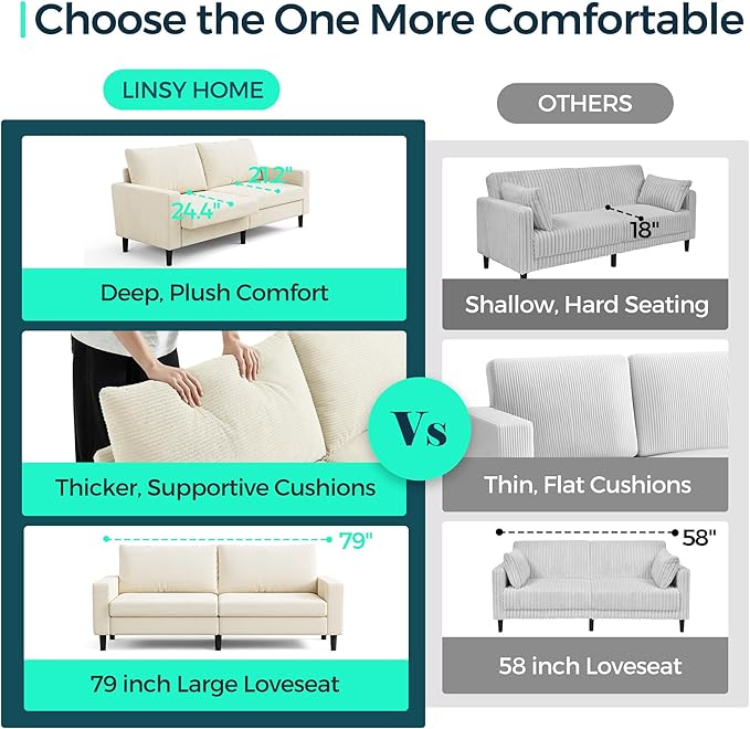 LINSY 79'' Beige Loveseat Sofa - Comfy Couch Corduroy Love Seat Couch with Adjustable Seat Depth Ergonomic Design Modern 2-Seater Soft Sofa for Living Room Bedroom Apartment Office, Beige