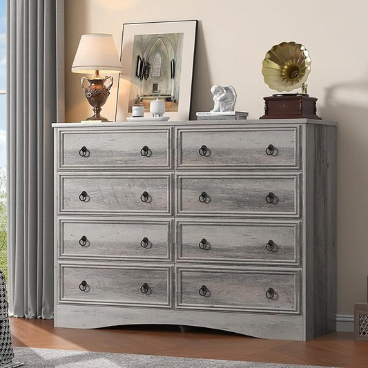 Grey 8 Drawer Dresser for Bedroom, Wood Chest of Drawers, Large Storage for Clothes, Vintage Design, for Living Room, Bedroom, Hallway 47.24W*15.75D* 41.2''H