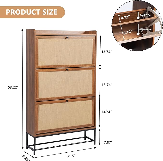 LEVNARY Shoe Storage Cabinet with 3 Flip Drawers, Freestanding Shoe Cabinet Storage Organizer for Entryway, Wooden Narrow Shoe Racks Cabinet with Metal Legs for Hallway (Walnut)