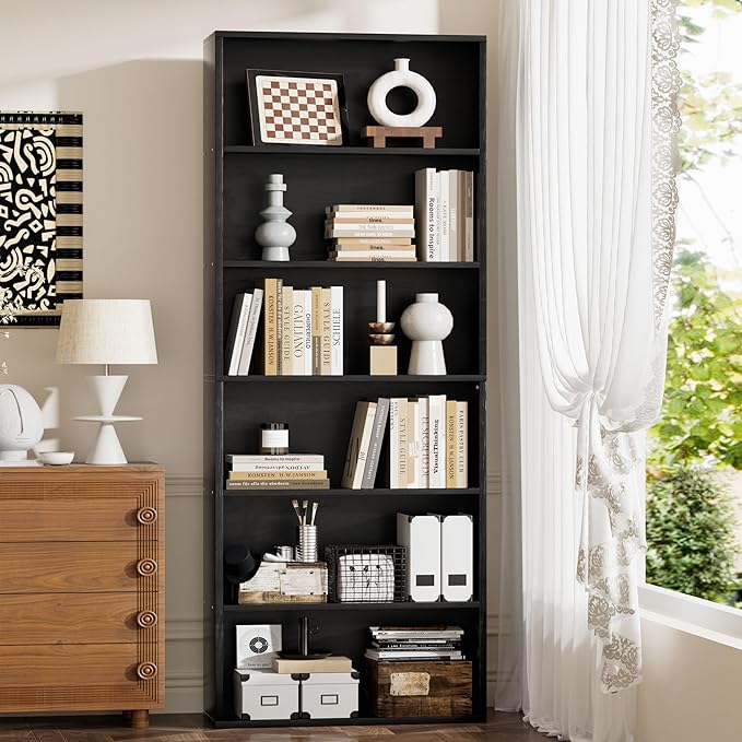 JAMFLY Narrow Tall Bookshelf 6 Shelf Bookcase Vertical Storage, Slim Profile Tall Narrow Storage Unit for Home Office, Living Room, Bedroom, Black