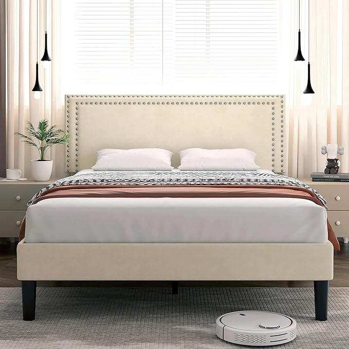 VECELO Full Size Bed Frame with Height Adjustable Upholstered Headboard, Wooden Slats Platform, Noise-Free Design, Easy Assembly